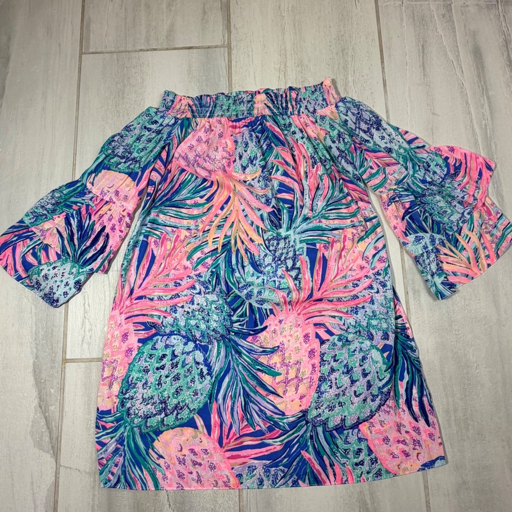 Lilly Pulitzer Off The Shoulder Dress Pink Blue Pineapple Print Bell Sleeve XS